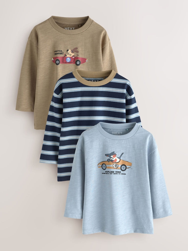 Blue/Neutral Dog Stripe Long Sleeve Graphic T-Shirts 3 Pack (3mths-7yrs) - Blue/Neutral Dog Stripe Long Sleeve Graphic / 12-18 Months (80-86cm)