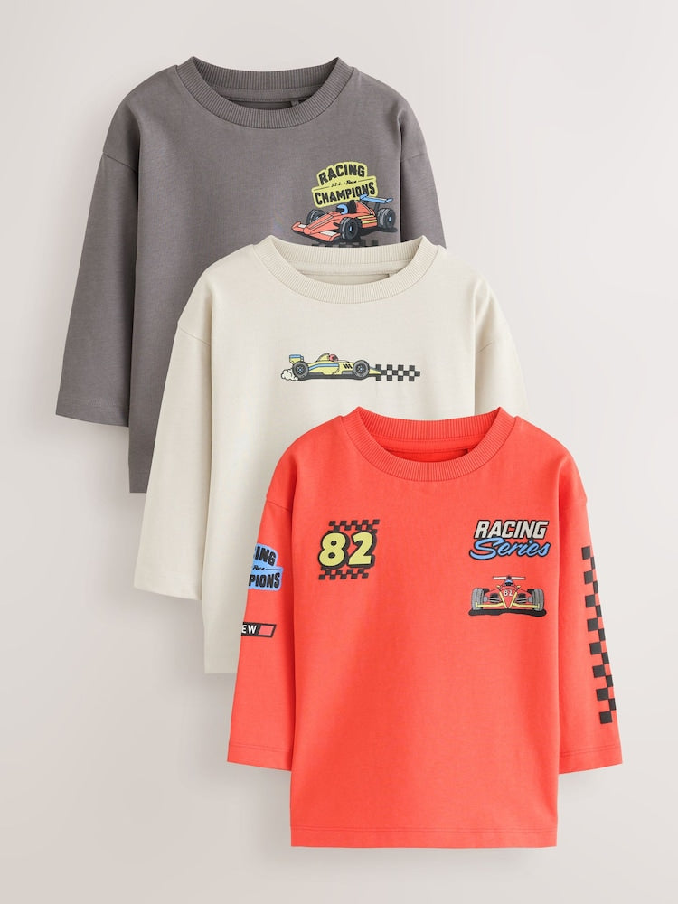 Red White Racing Car Long Sleeve Graphic T-Shirts 3 Pack (3mths-7yrs) - Red White Racing Car Long Sleeve Graphic / 12-18 Months (80-86cm)
