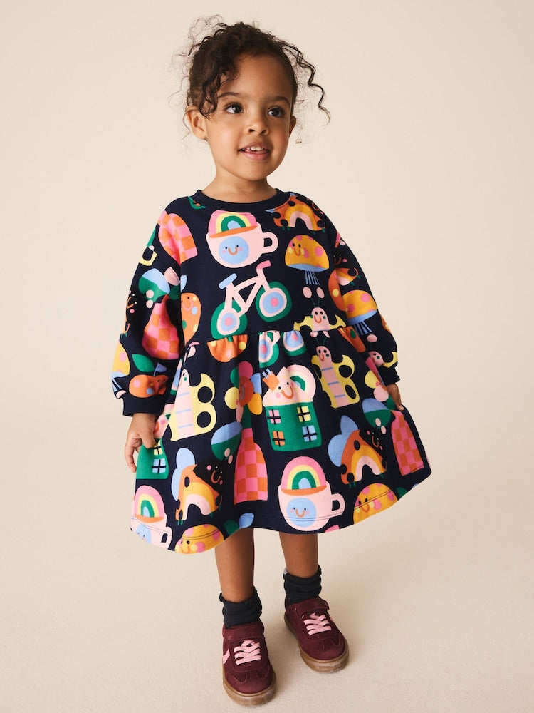 Navy Ladybird Rainbow Long Sleeve Sweat Dress (3mths-7yrs) - Navy Ladybird Rainbow / 12-18 Months (80-86cm)