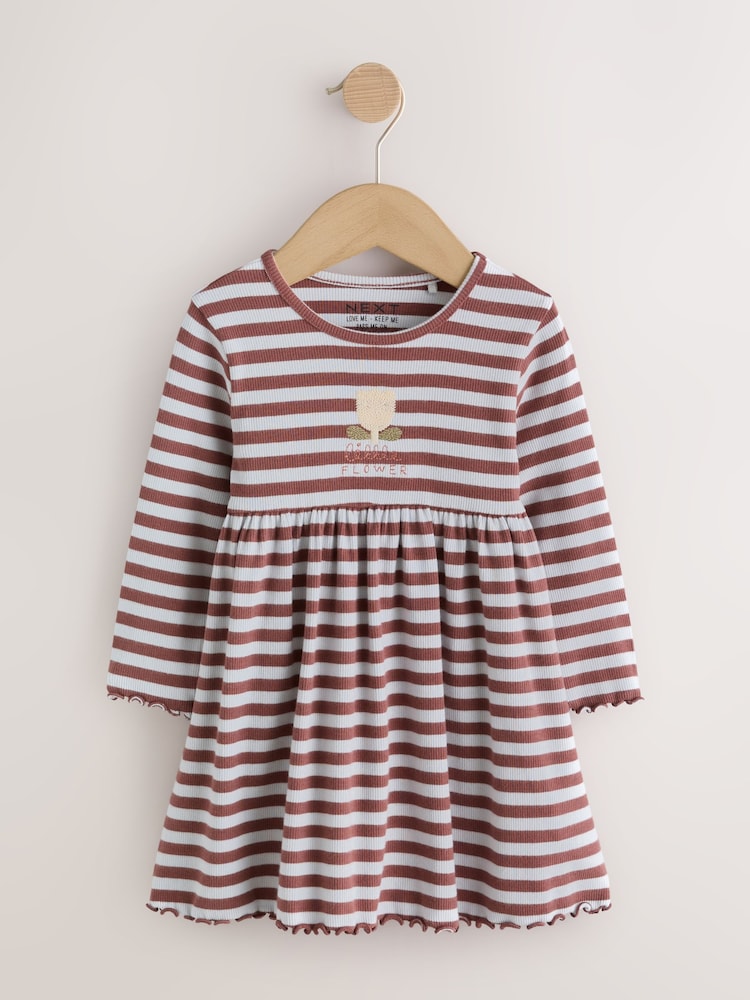 Brown Stripe Flower Long Sleeve Ribbed Dress (3mths-7yrs)