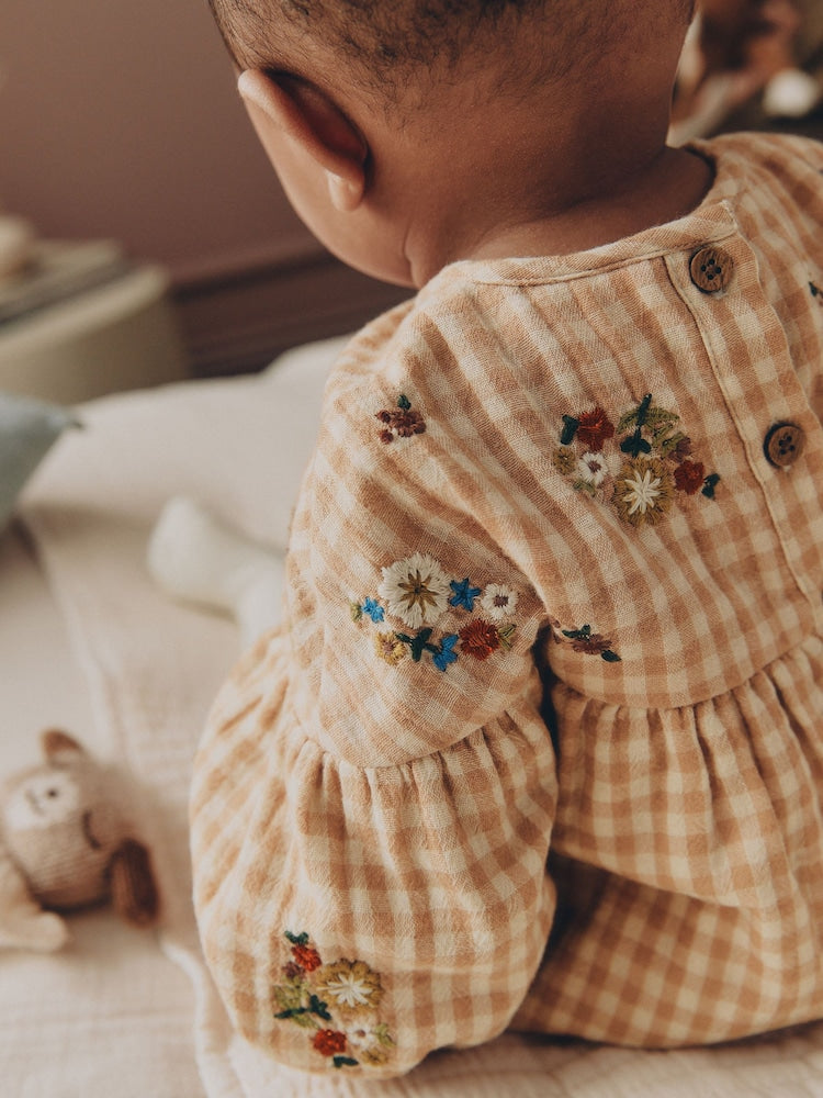 Brown/Cream Check Embroidered Baby Bubble Romper And Tights 2 Piece Set (0mths-2yrs)