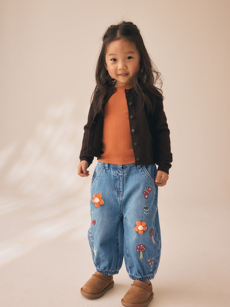 Mushroom/ Floral Embroidered Barrel Jeans (3mths-7yrs)