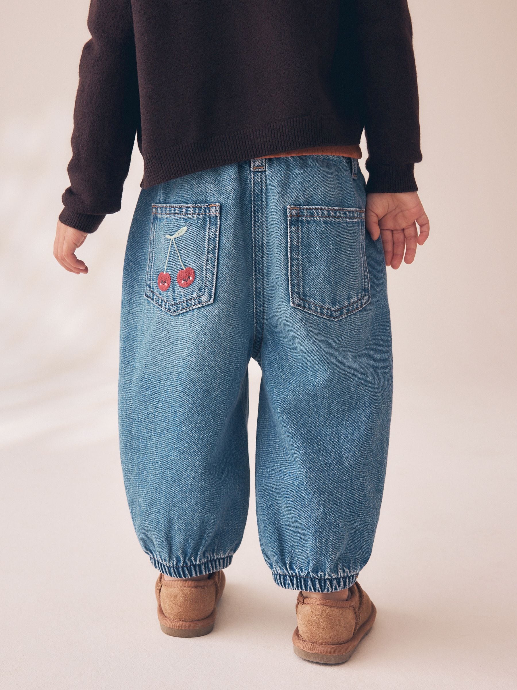 Mushroom/ Floral Embroidered Barrel Jeans (3mths-7yrs) - Size 3-6 Months (62-68cm)