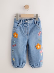 Mushroom/ Floral Embroidered Barrel Jeans (3mths-7yrs) - Size 3-6 Months (62-68cm)