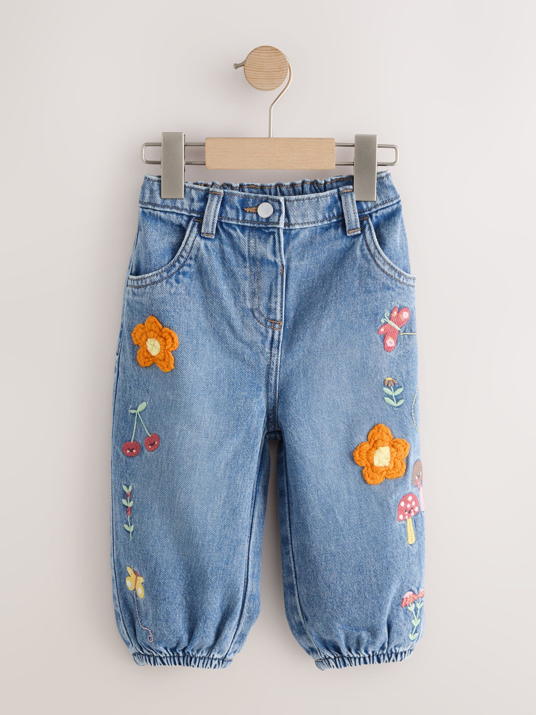 Mushroom/ Floral Embroidered Barrel Jeans (3mths-7yrs) - Size 3-6 Months (62-68cm)