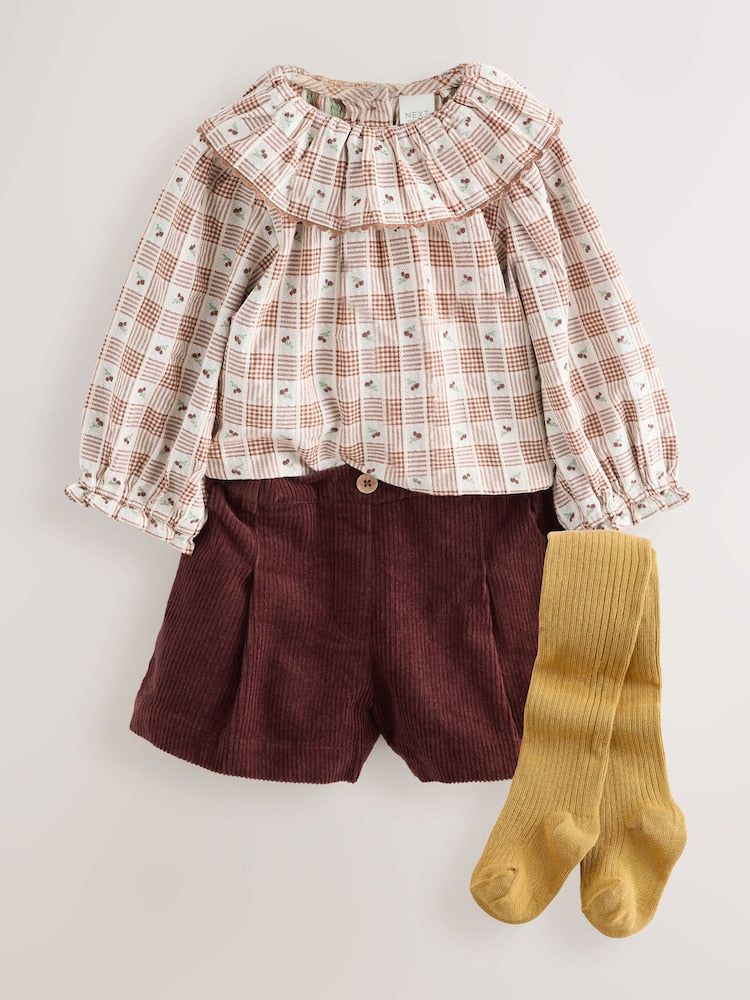 Chocolate Brown Cord Short, Blouse & Tight 3 Piece Set (3mths-7yrs) - Chocolate Brown Cord / 12-18 Months (80-86cm)