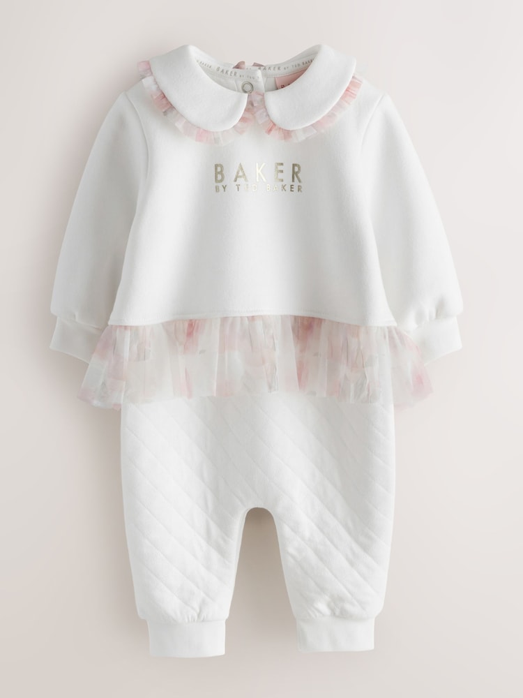 Baker by Ted Baker White Quilted Peplum Mesh Romper - White / Up To 3 Months (50 - 62cm)