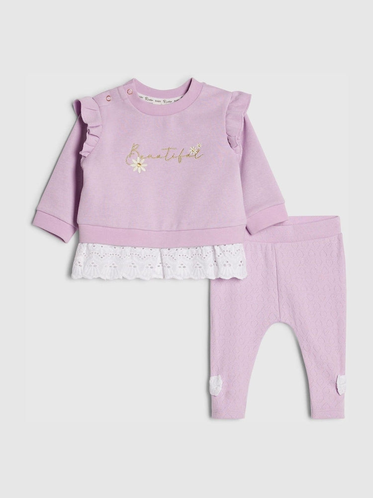 River Island Purple Broderie Sweatshirt & Leggings Set
