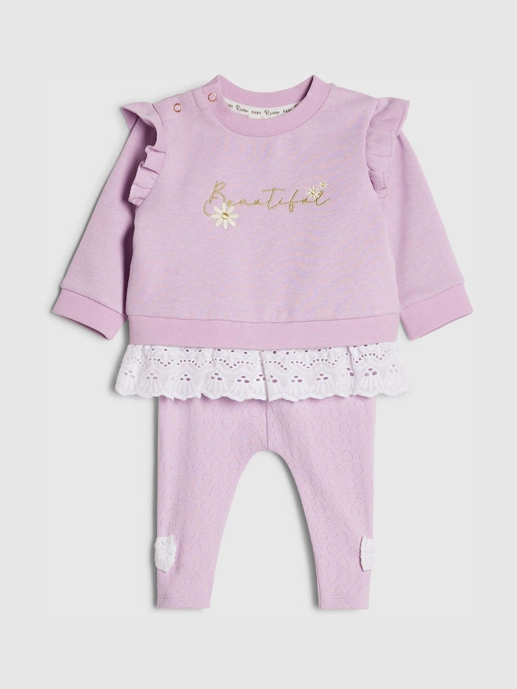 River Island Purple Broderie Sweatshirt & Leggings Set