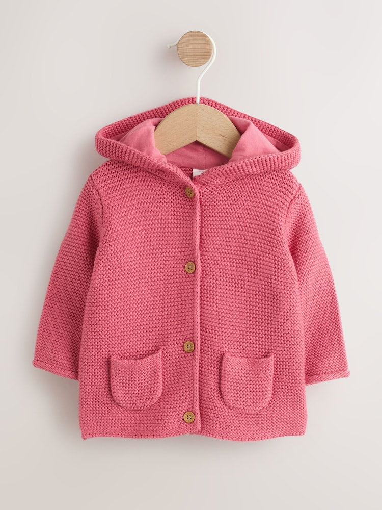 Raspberry Pink Hooded Knitted Baby Cardigan (0mths-2yrs)