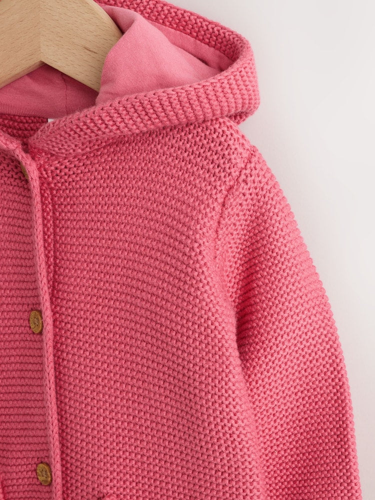 Raspberry Pink Hooded Knitted Baby Cardigan (0mths-2yrs)