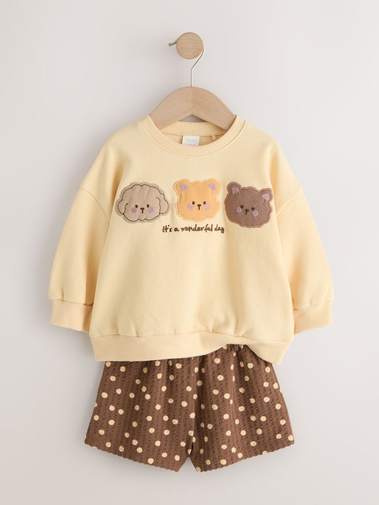 Chocolate Brown Bear Crew Neck Sweatshirt & Shorts Set (3mths-7yrs)