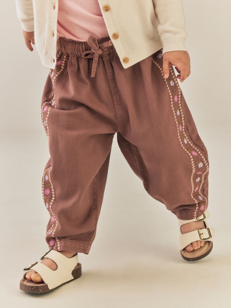 Chocolate Brown Embroidered Pullon Trousers (3mths-7yrs)
