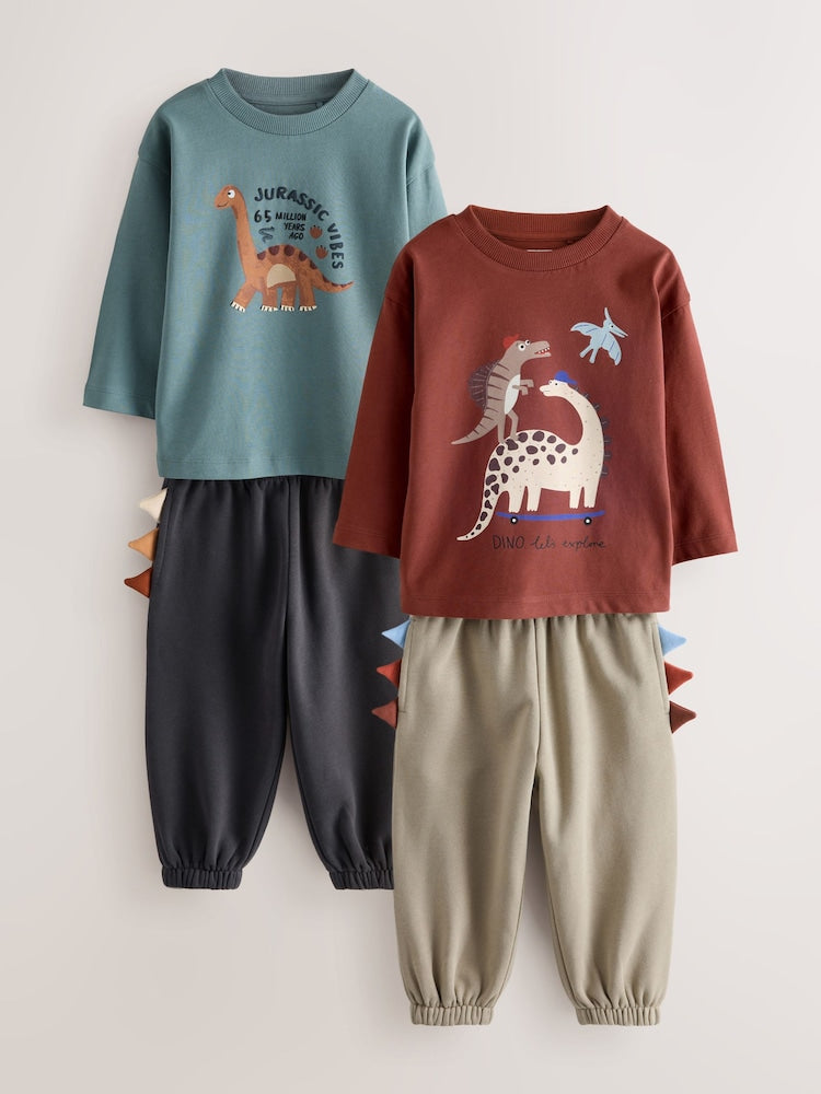 Blue/Rust Dinosaur Spikes Graphic Printed Top and Leggings Set 2 Pack (3mths-7yrs) - Blue/Rust Dinosaur Spikes / 12 - 18 Months (80 - 86cm)