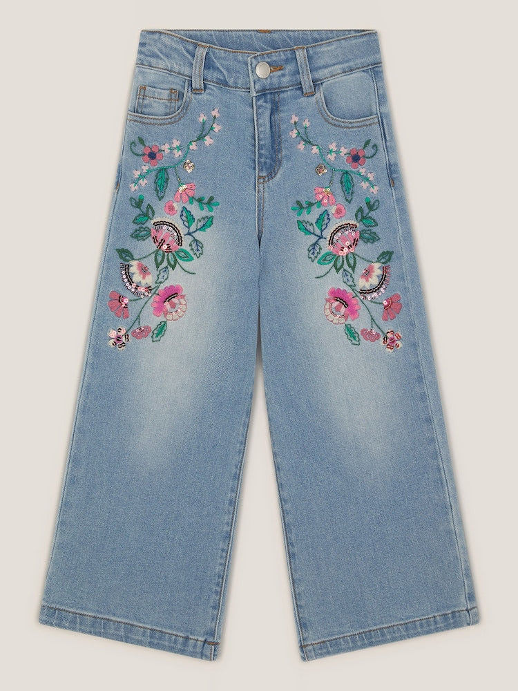 Monsoon Blue Sequin Floral Embroidered Wide Leg Jeans
