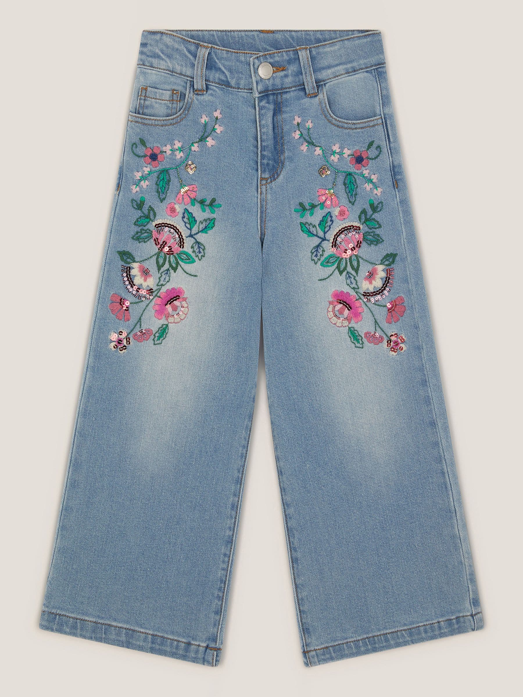 Monsoon Blue Sequin Floral Embroidered Wide Leg Jeans - Size 3 Years (98cm)