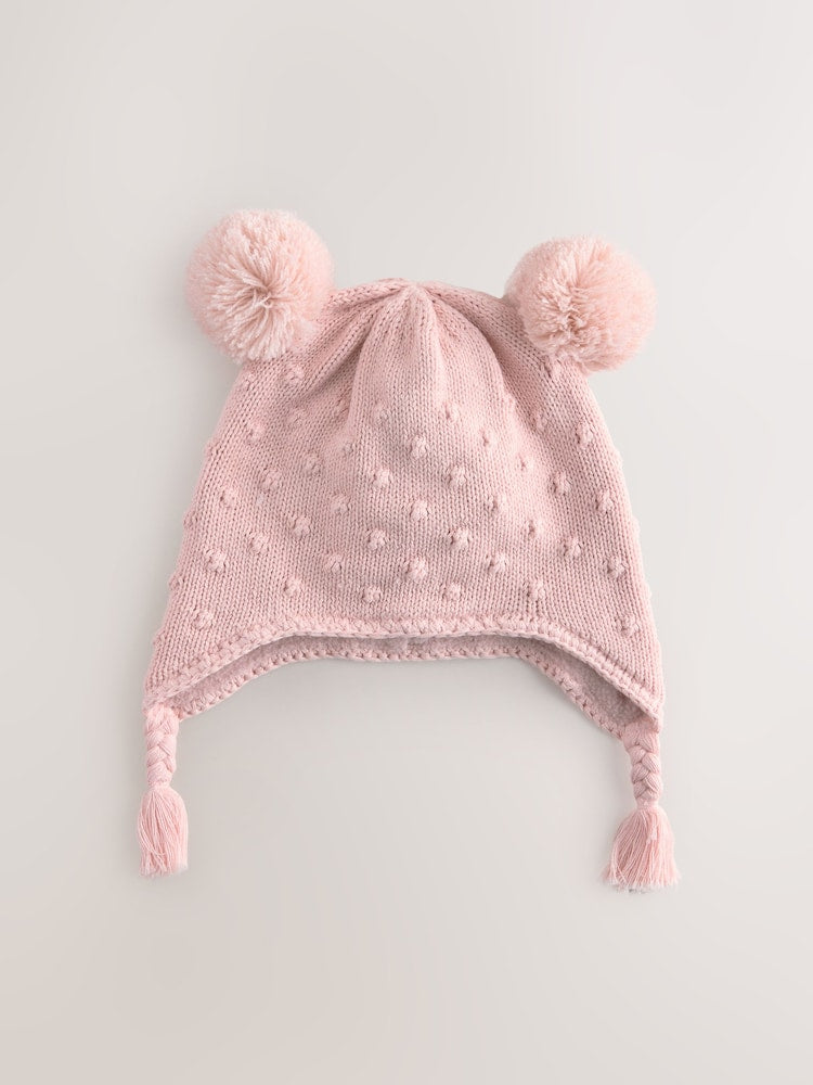 Pink Pointelle Knitted Baby Trapper Hat - Pink Pointelle / Up to 1 Month (50-56cm)