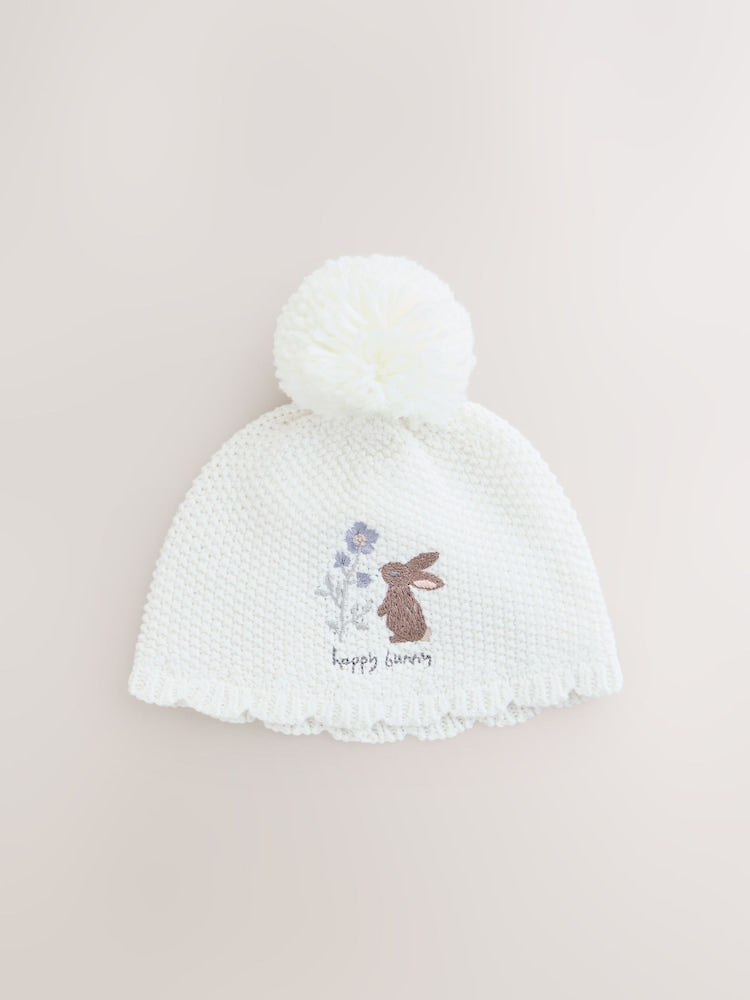 Cream Embroidered Bunny Pom Baby Hat - Cream Embroidered Bunny / Up To 3 Months (50 - 62cm)