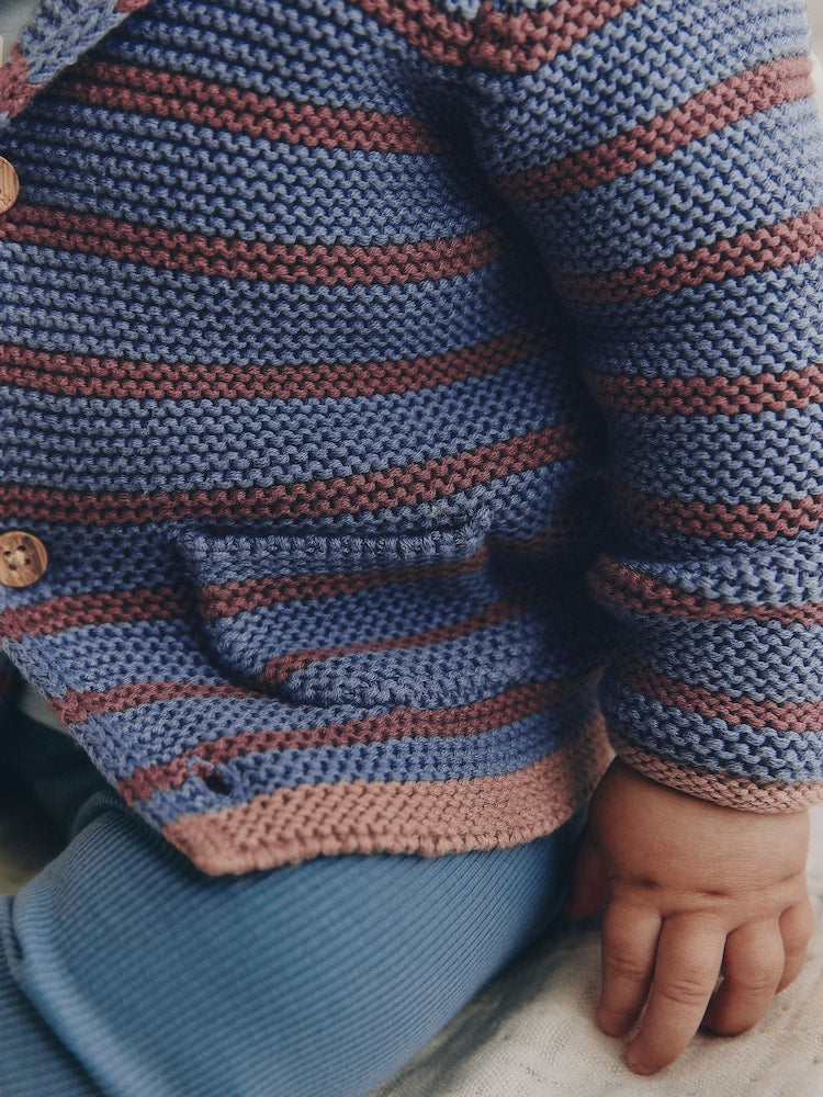 Blue & Burgundy Stripe Knitted Baby Cardigan (0mths-2yrs)
