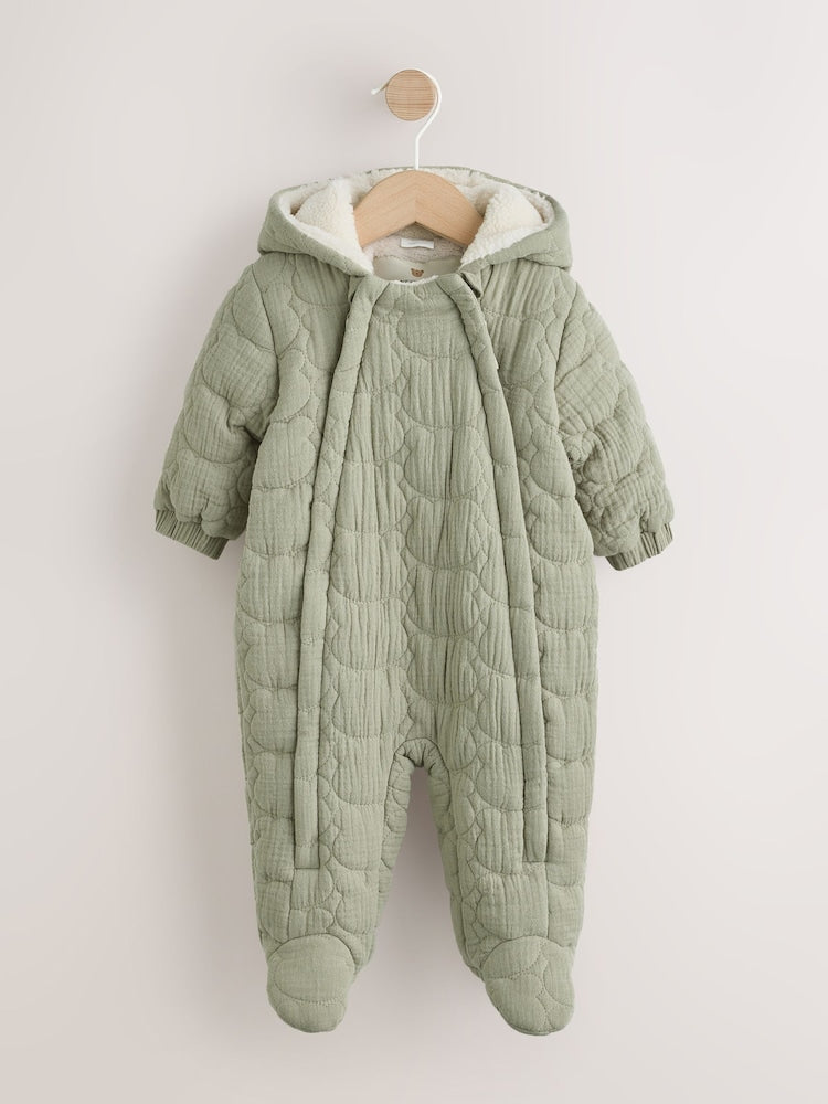 Green Crinkle Bear Face Quilted Baby Pramsuit (0mths-2yrs) - Up to 1 Month (50-56cm)