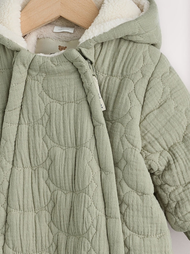 Green Crinkle Bear Face Quilted Baby Pramsuit (0mths-2yrs)