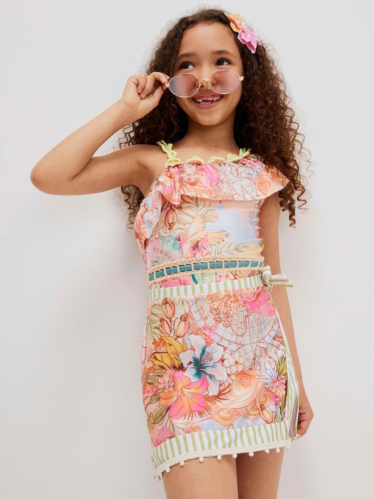River Island Orange Del Maar Aysmmetric Swimsuit & Skirt Set - Size 5-6 Years (110-116cm)