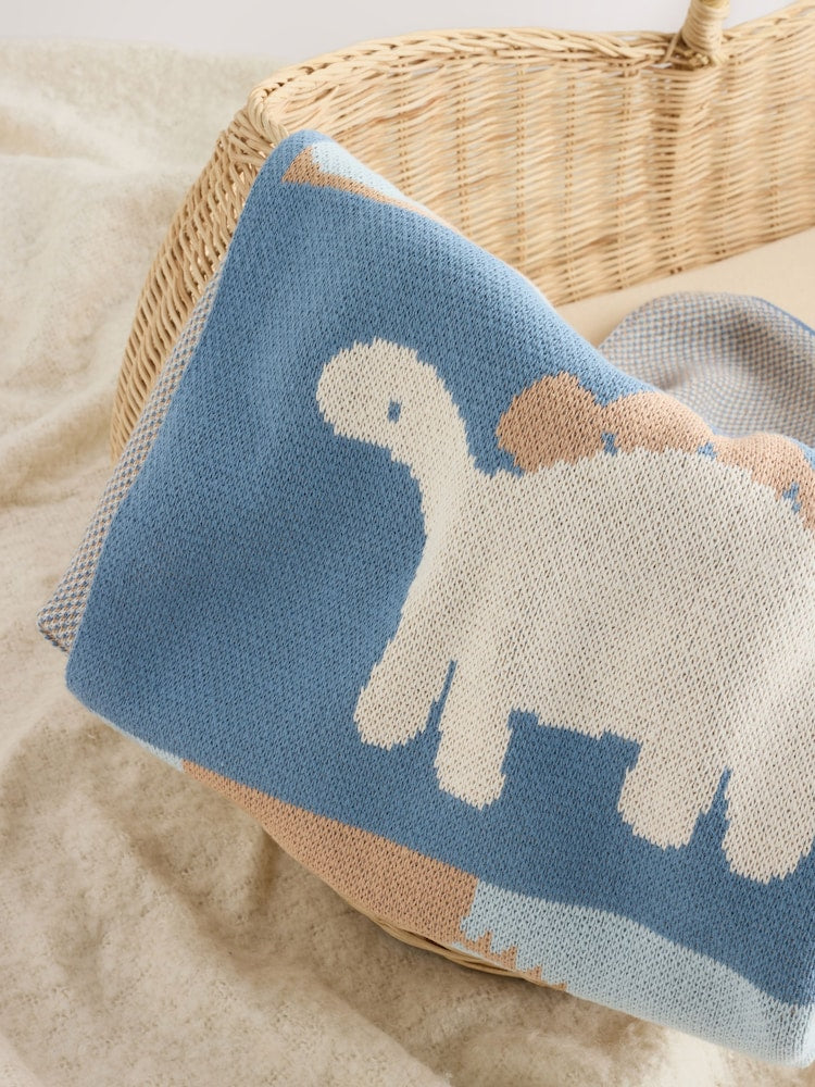 Blue/Brown Dino Scene Knitted Blanket - Blue/Brown Dino Scene