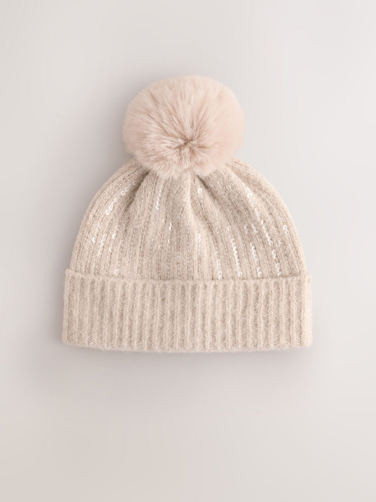 Mink Sequin Pom Beanie Hat (3mths-16yrs) - Mink Sequin / 11 - 13 Years (146 - 158cm)