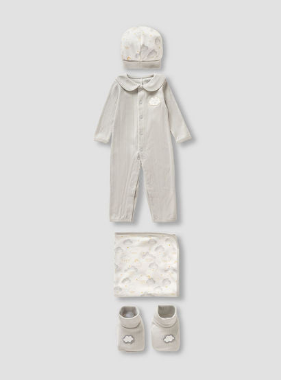 Juniors 4-Piece Girls Gift Set - Cotton - Bodysuit, Booties, Beanie Cap - Cloud Print-baby-girls-clothing-setsandcoords-image-2