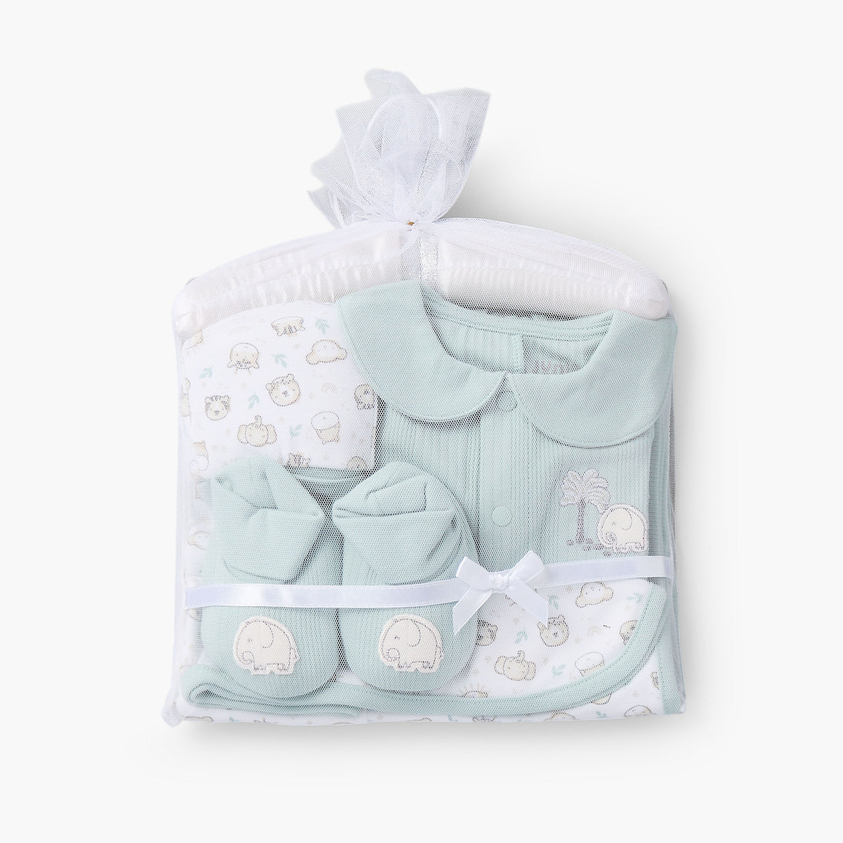Set of 5 Juniors Clothing Gift Set with Elephant Print - Green / 0-6 mths