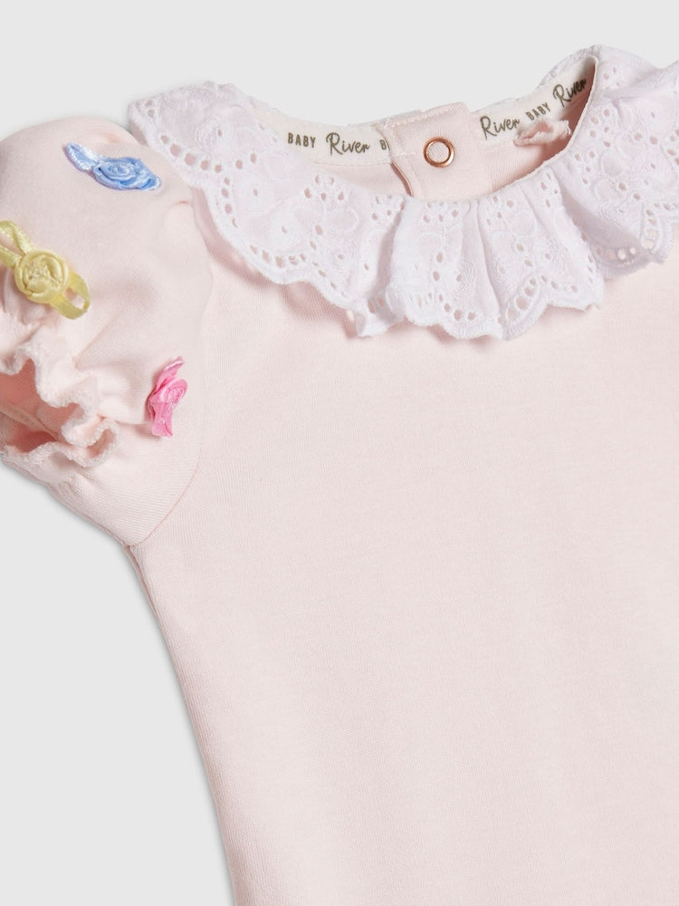 River Island Pink Frill Rosette Bodysuit & Leggings Set