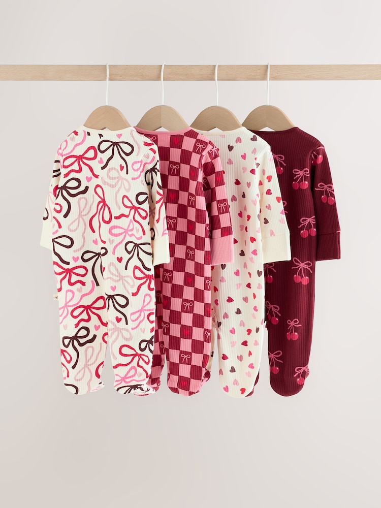Berry Bow Two Way Zip Baby Sleepsuits 4 Pack (0mths-3yrs)