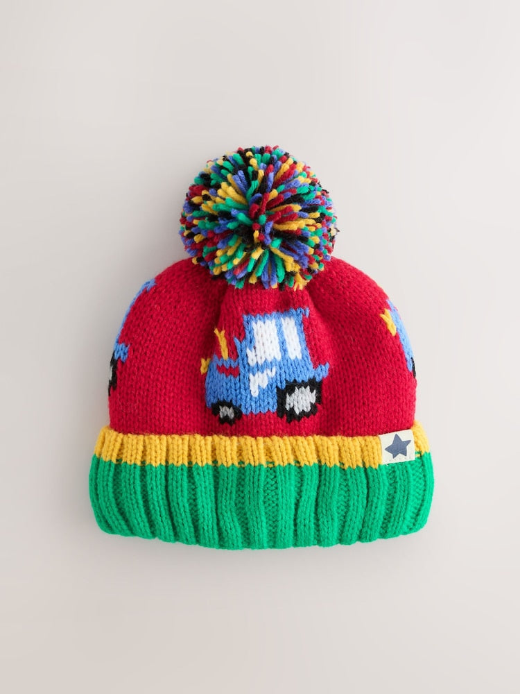 Red Colourful Tractor Embroidered Pom Beanie (3mths-16yrs) - ful Tractor / 7 - 10 Years (122 - 140cm)