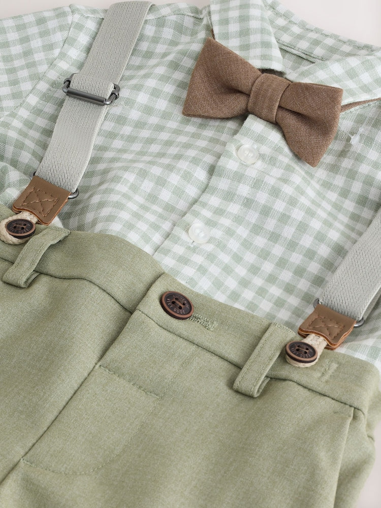 Sage Green Gingham Shirt Shorts Braces & Bow Tie Set (3mths-9yrs)