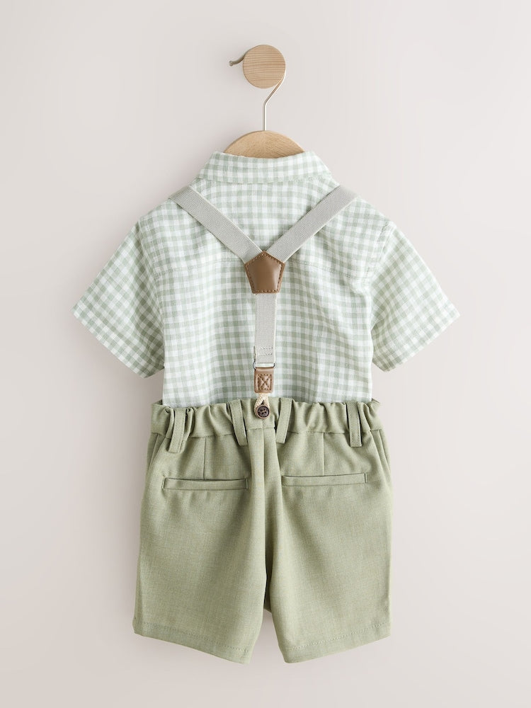 Sage Green Gingham Shirt Shorts Braces & Bow Tie Set (3mths-9yrs)