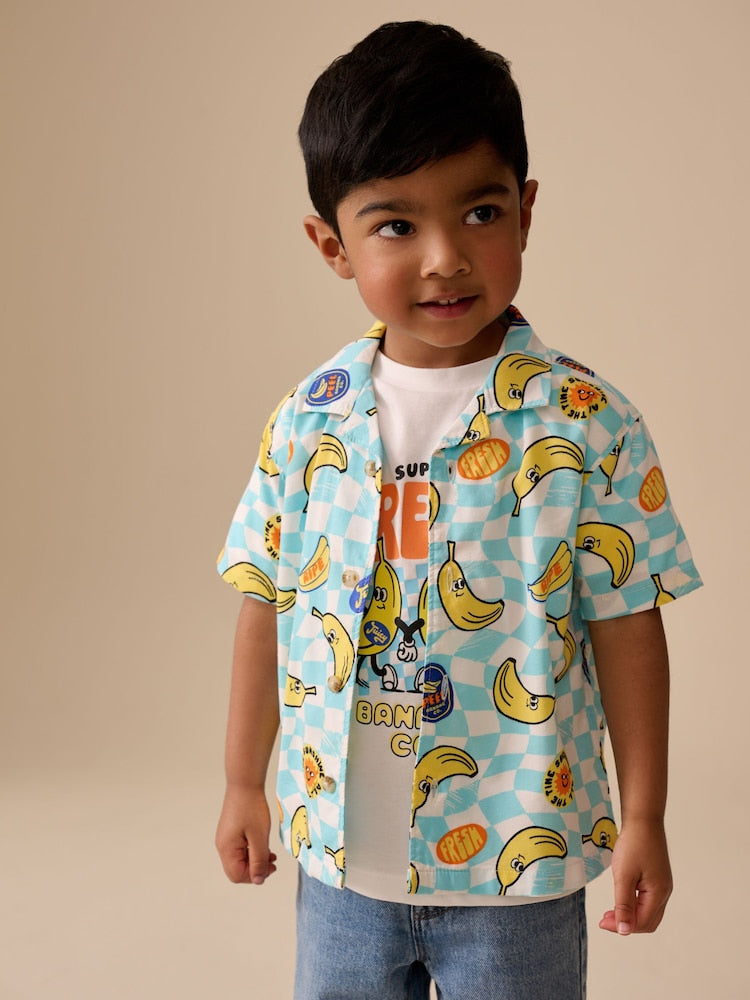 Blue/Yellow Banana All Over Short Sleeve Printed Shirt and T-Shirts Set (6mths-7yrs)