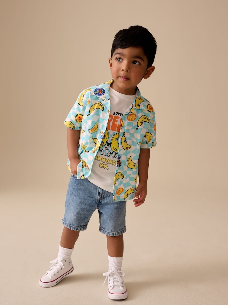 Blue/Yellow Banana All Over Short Sleeve Printed Shirt and T-Shirts Set (6mths-7yrs)