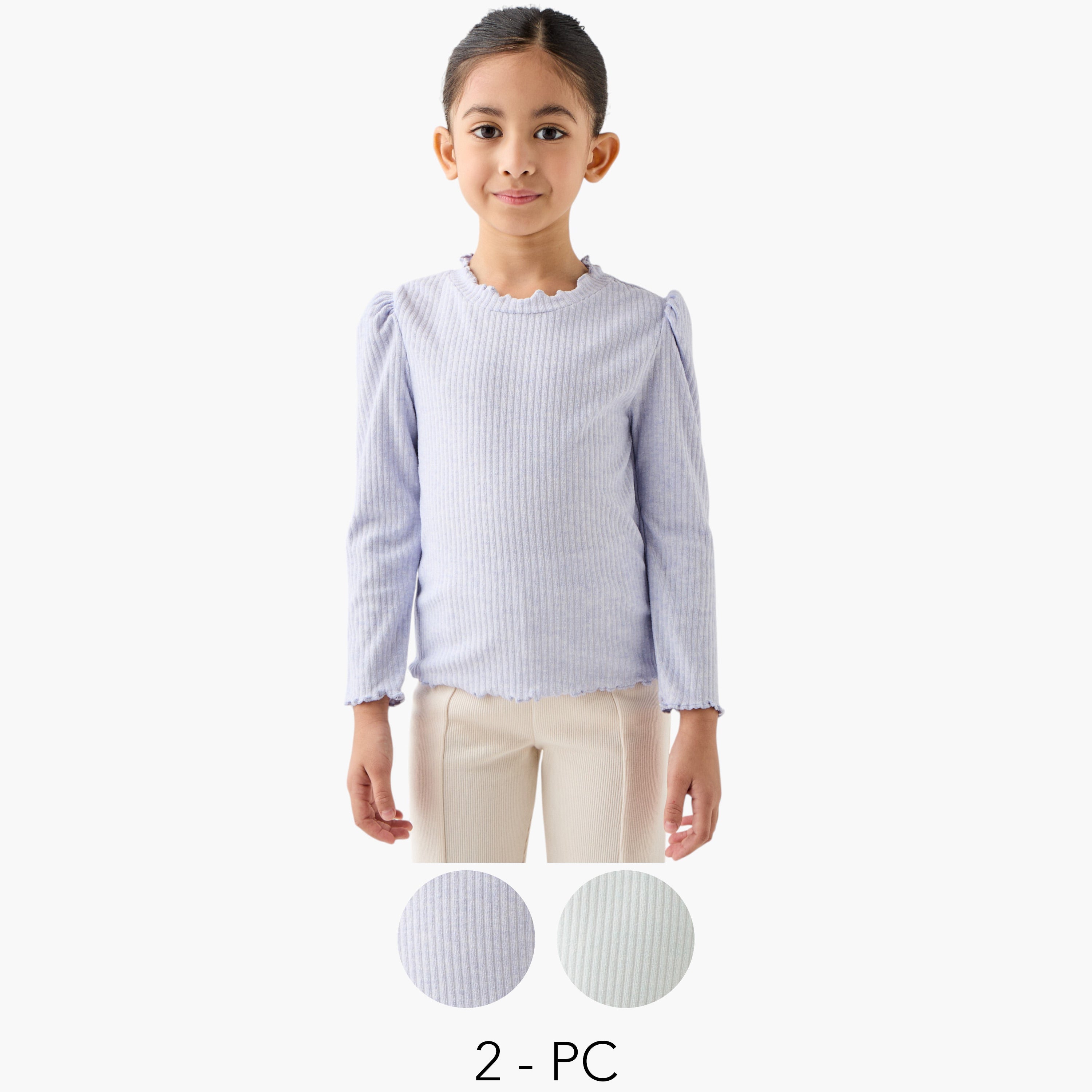 Juniors Ribbed T-shirt with Long Sleeves - Set of 2 - Multicolour / 1-2 yrs