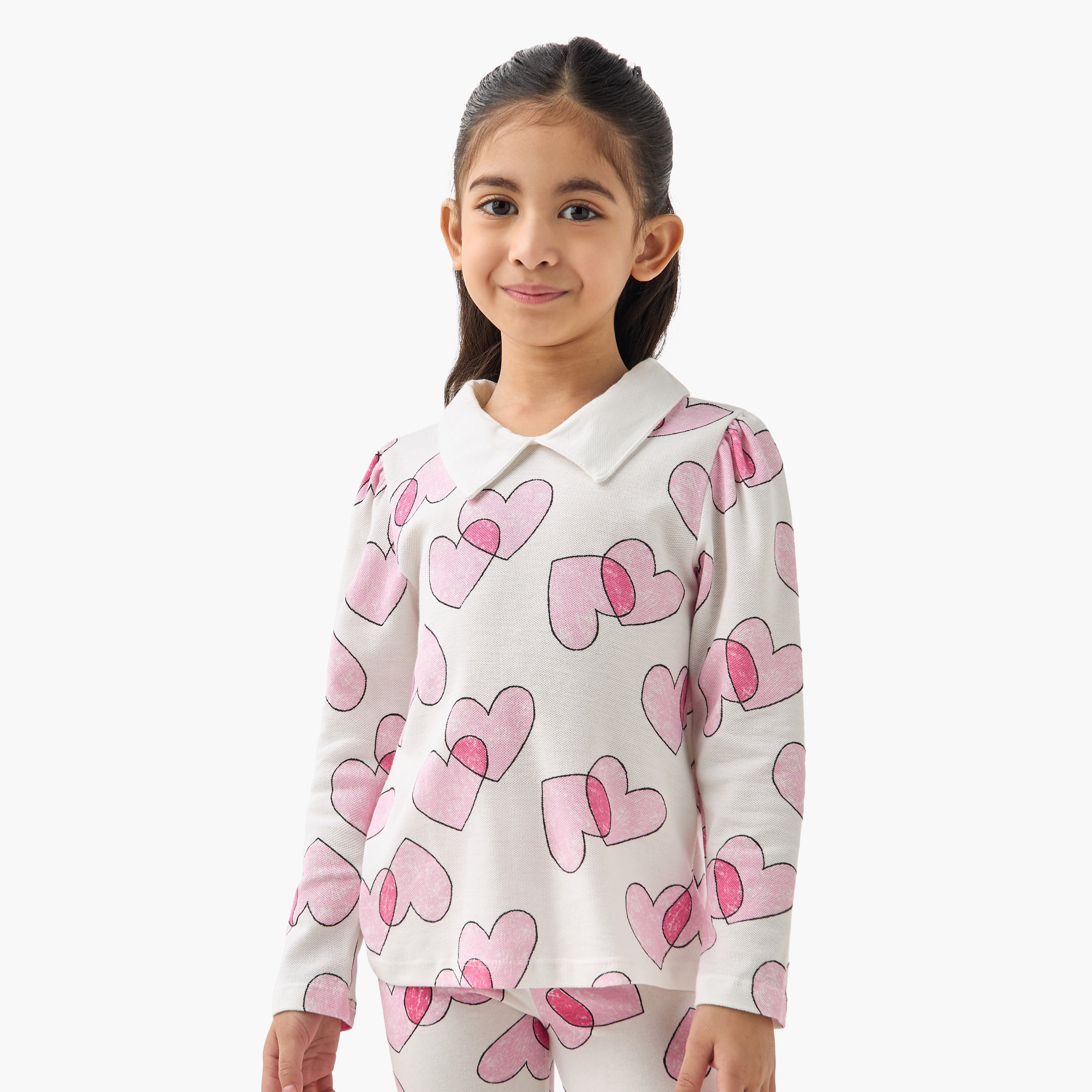 Juniors Heart Print Polo T-shirt with Long Sleeves