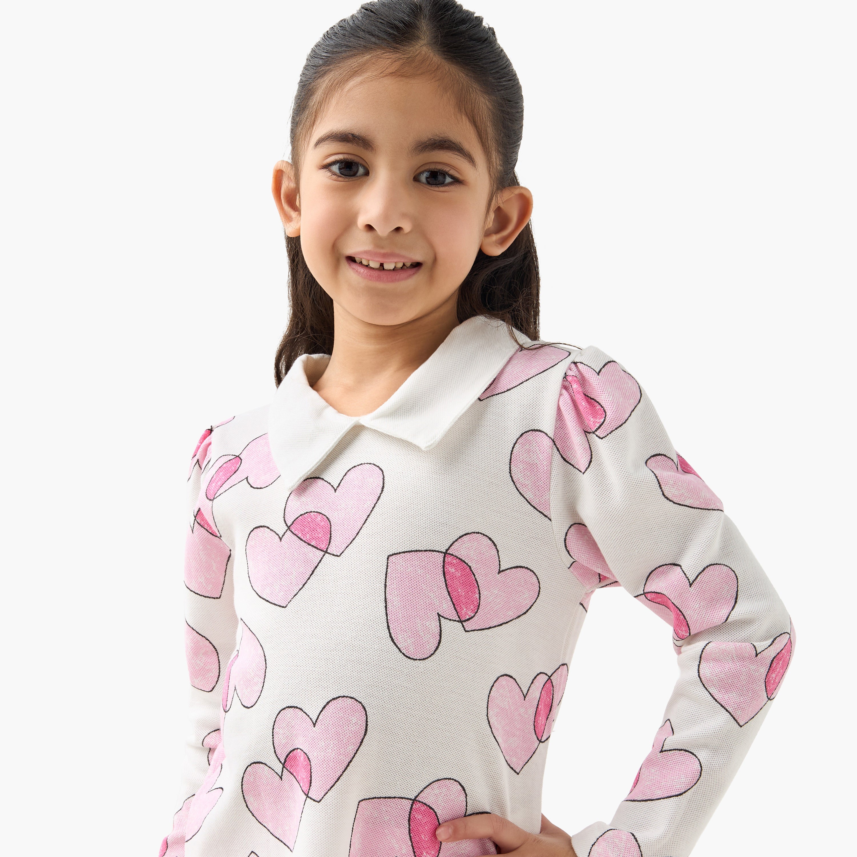 Juniors Heart Print Polo T-shirt with Long Sleeves