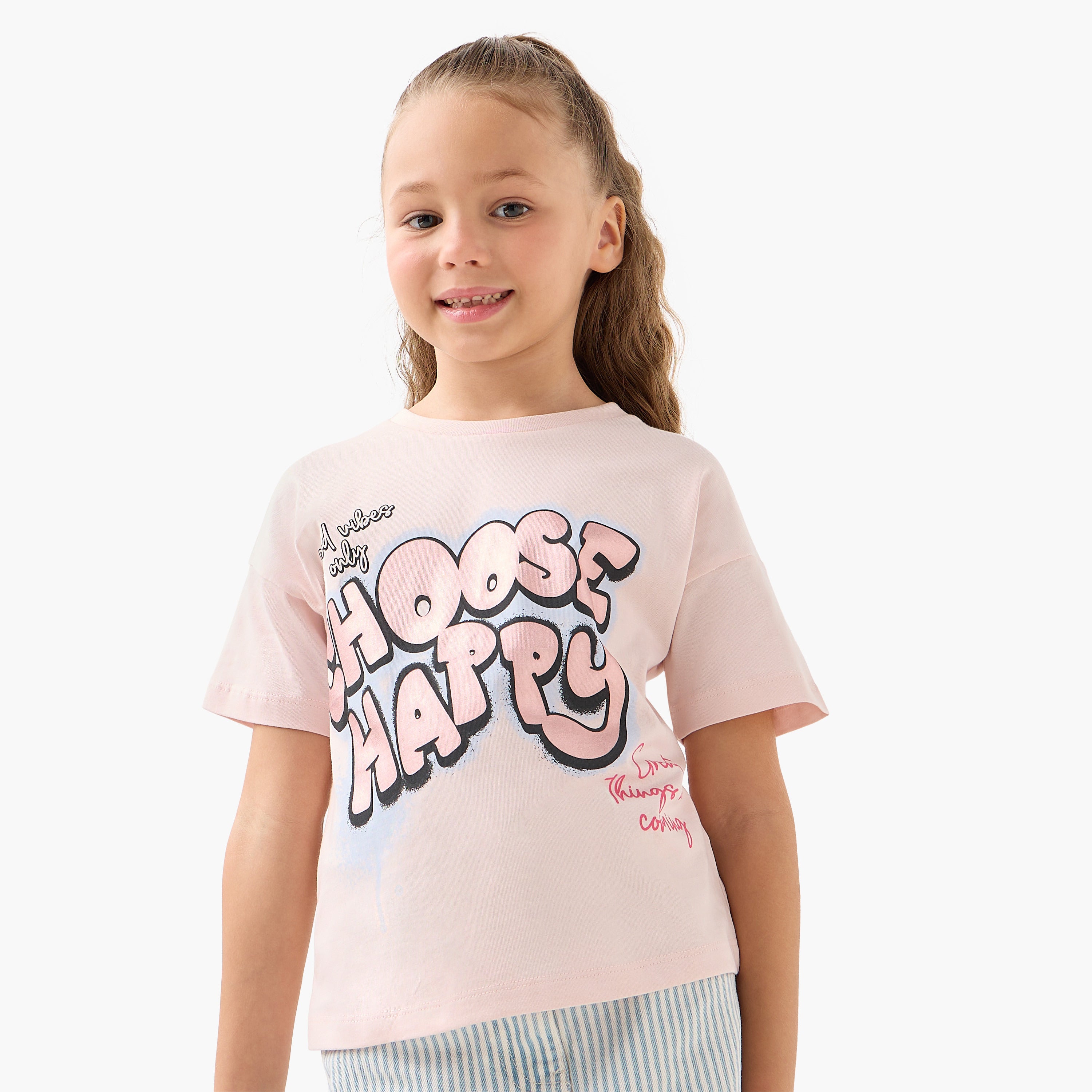 Juniors Crew Neck Short Sleeves T-shirt with Slogan Print - Pink / 1-2 yrs
