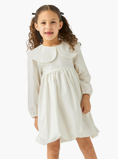 Juniors Solid A-line Balloon Dress with Peter Pan Collar and Long Sleeves-girls-clothing-dressesandjumpsuits-image-1