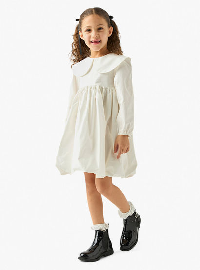 Juniors Solid A-line Balloon Dress with Peter Pan Collar and Long Sleeves-girls-clothing-dressesandjumpsuits-image-2