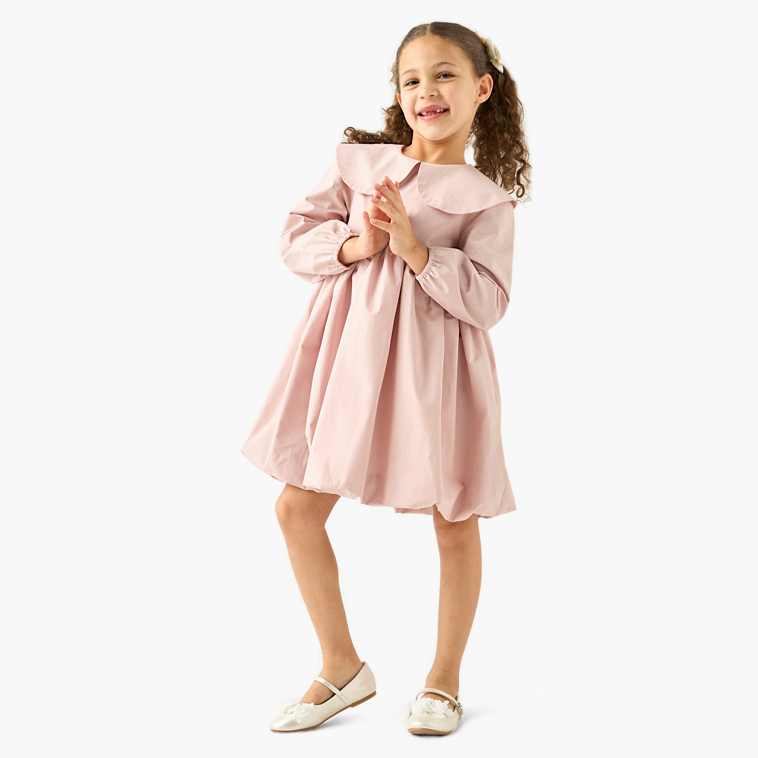 Juniors Solid A-line Balloon Dress with Peter Pan Collar and Long Sleeves