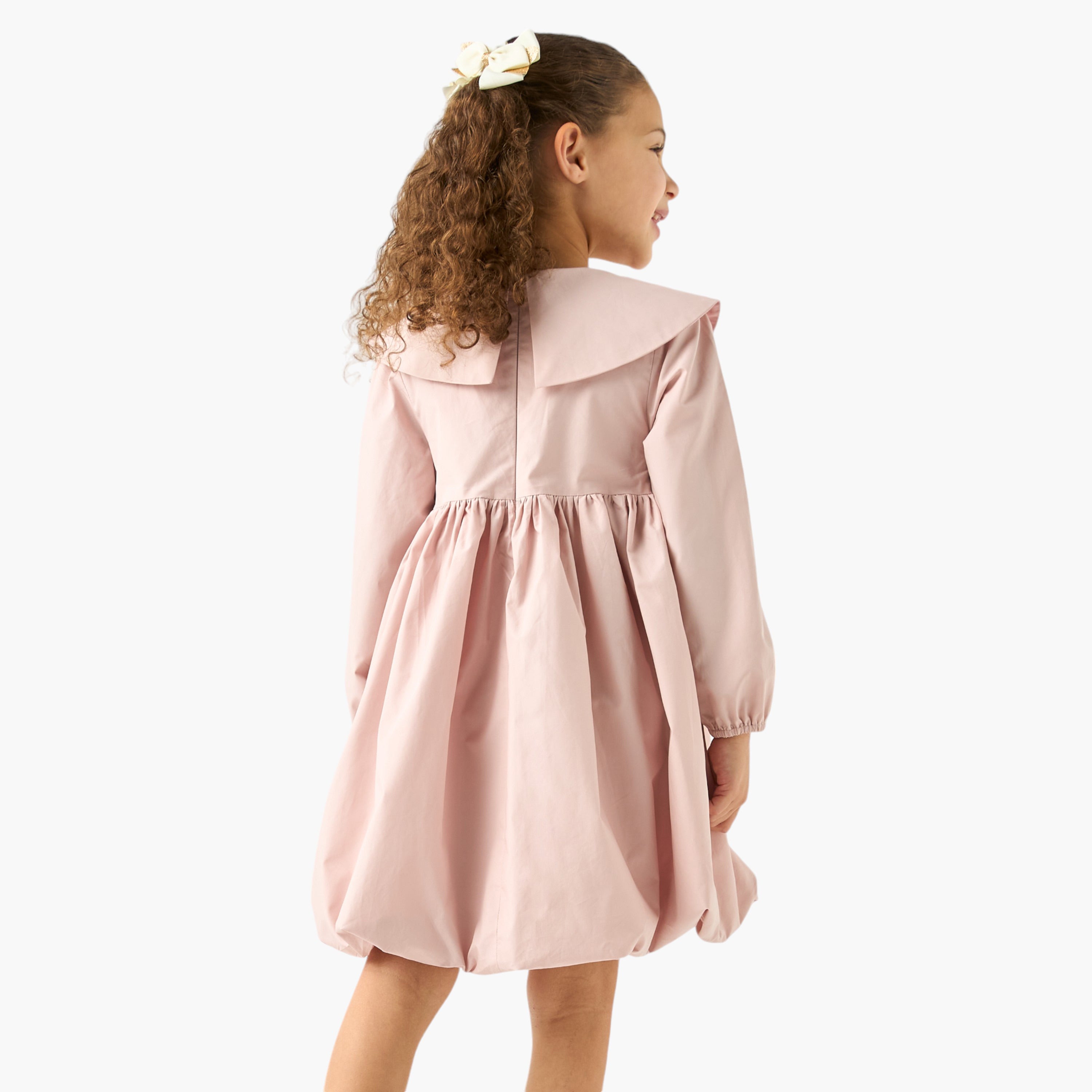 Juniors Solid A-line Balloon Dress with Peter Pan Collar and Long Sleeves