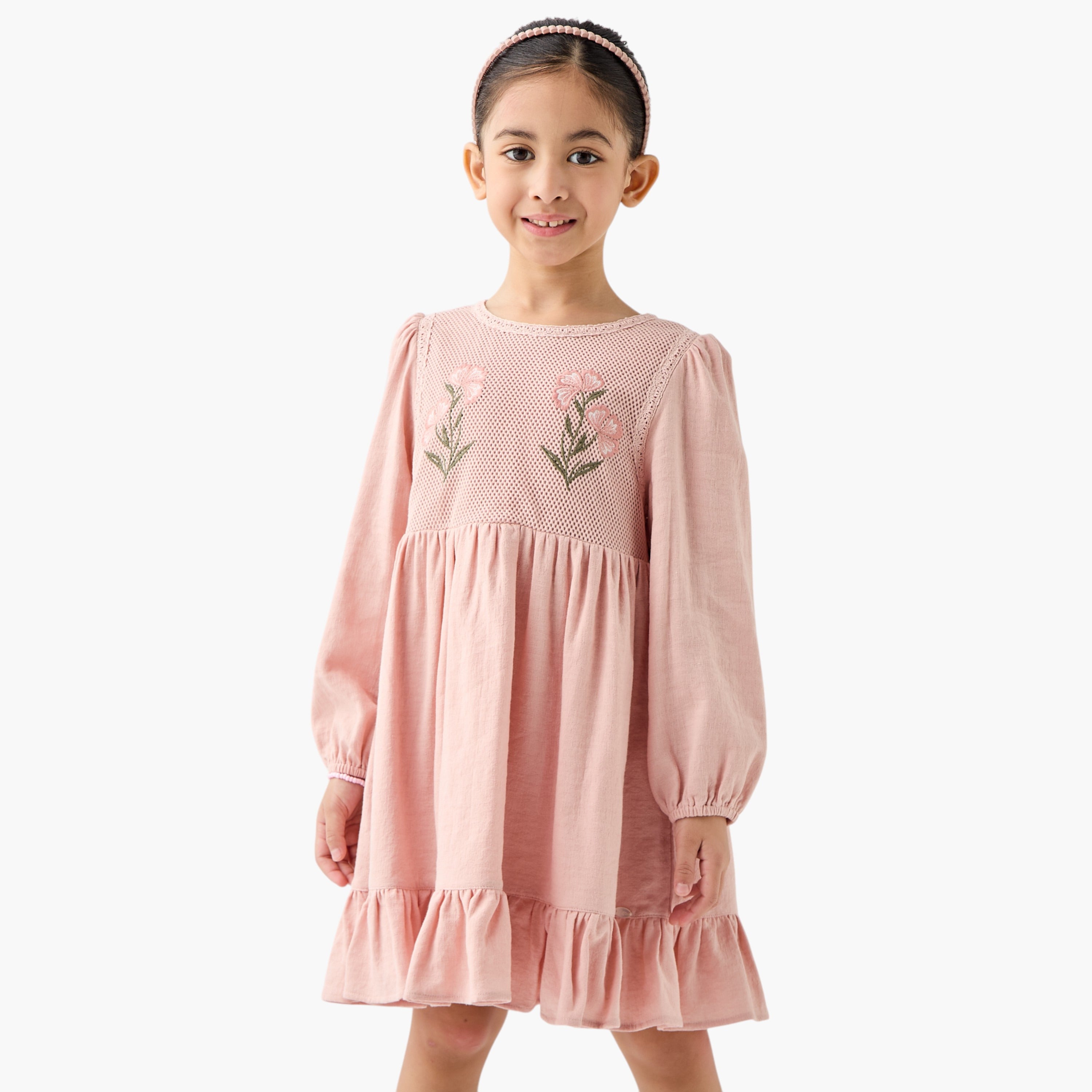 Eligo Floral Embroidered Dress with Long Sleeves and Ruffled Hem - Pink / 5-6 yrs