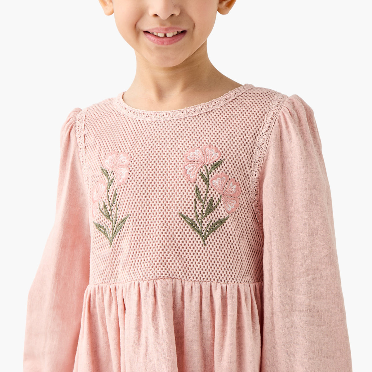 Eligo Floral Embroidered Dress with Long Sleeves and Ruffled Hem