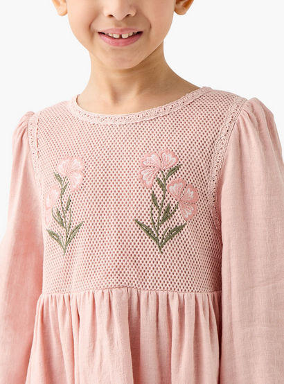 Eligo Floral Embroidered Dress with Long Sleeves and Ruffled Hem-girls-clothing-dressesandjumpsuits-image-4