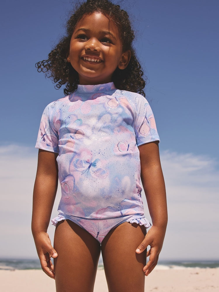 Lilac Purple Butterfly Foil Short Sleeved Sunsafe Swim Set (3mths-10yrs)