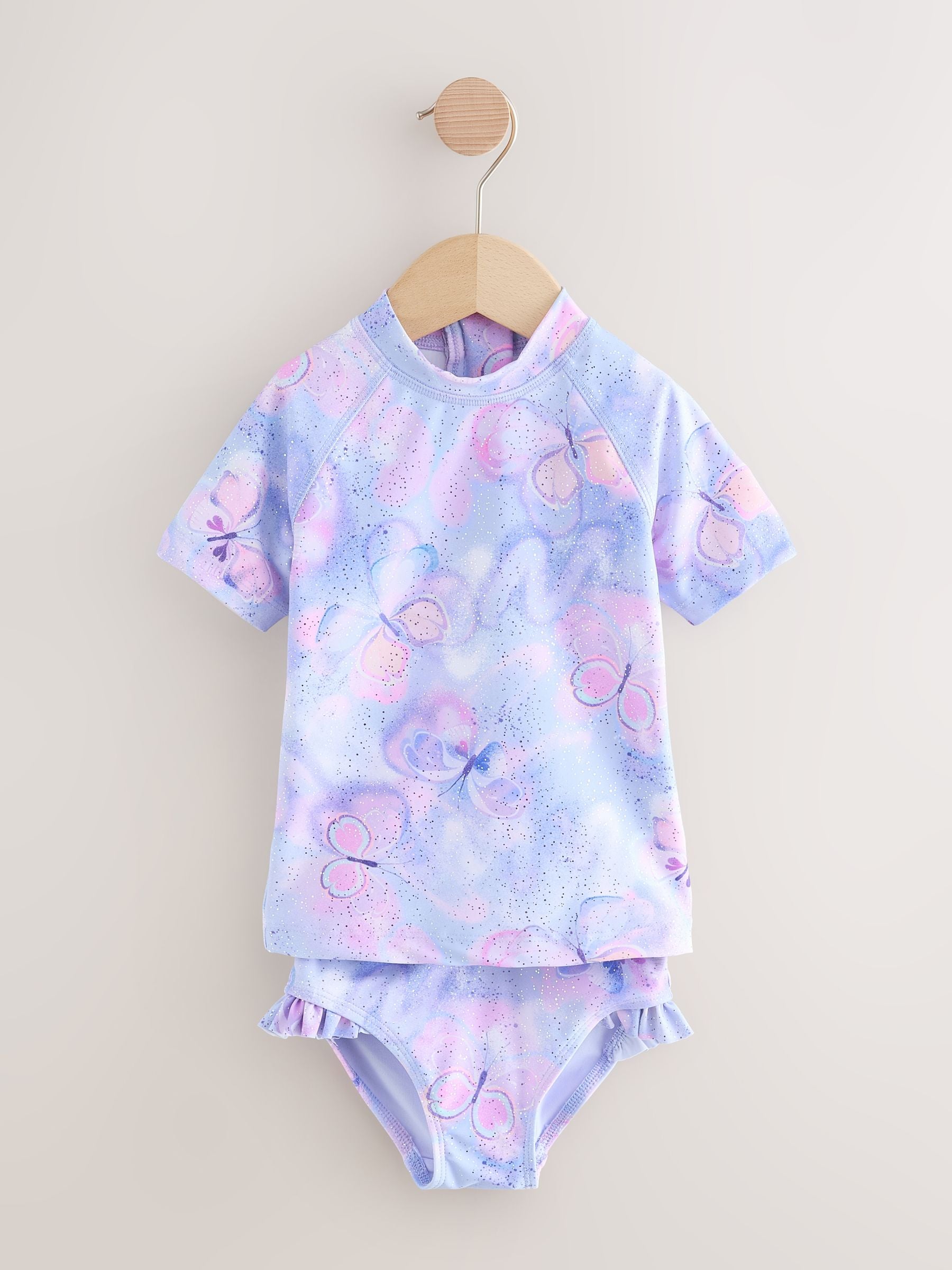 Lilac Purple Butterfly Foil Short Sleeved Sunsafe Swim Set (3mths-10yrs) - Size 3-6 Months (62-68cm)